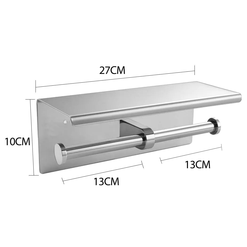 304 Stainless Steel Double Toilet Paper Holder with strong hook and mirror finish, ideal for bathroom use.