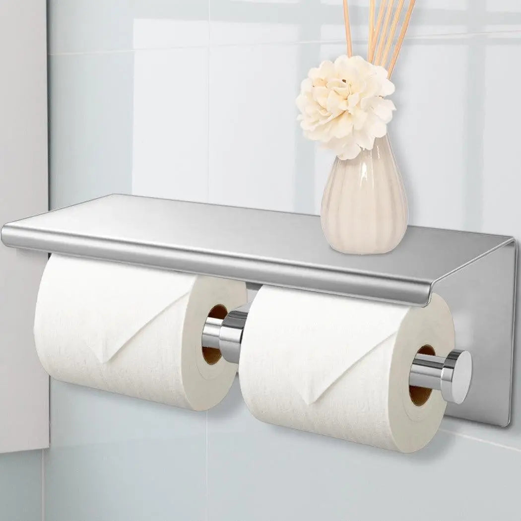 304 Stainless Steel Double Toilet Paper Holder with strong hook and mirror finish, ideal for bathroom use.