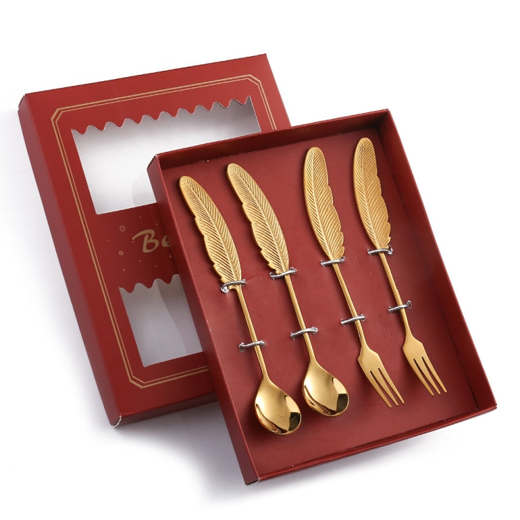 304 Stainless Steel Feather Spoon and Fork set with elegant feather design, showcasing mirror polish and durable construction.