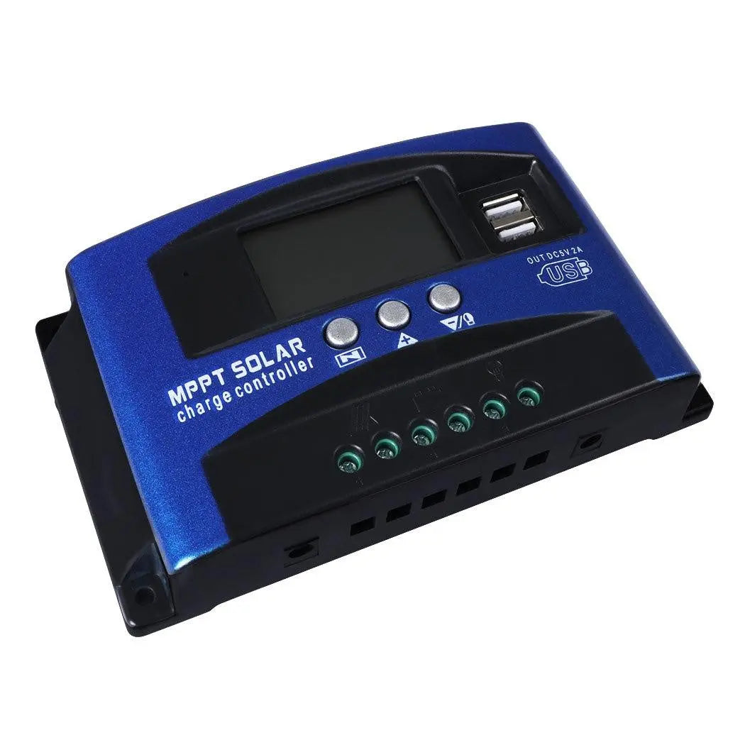 30A Solar Panel Charge Controller with dual USB ports and LCD display, designed for efficient solar energy management.