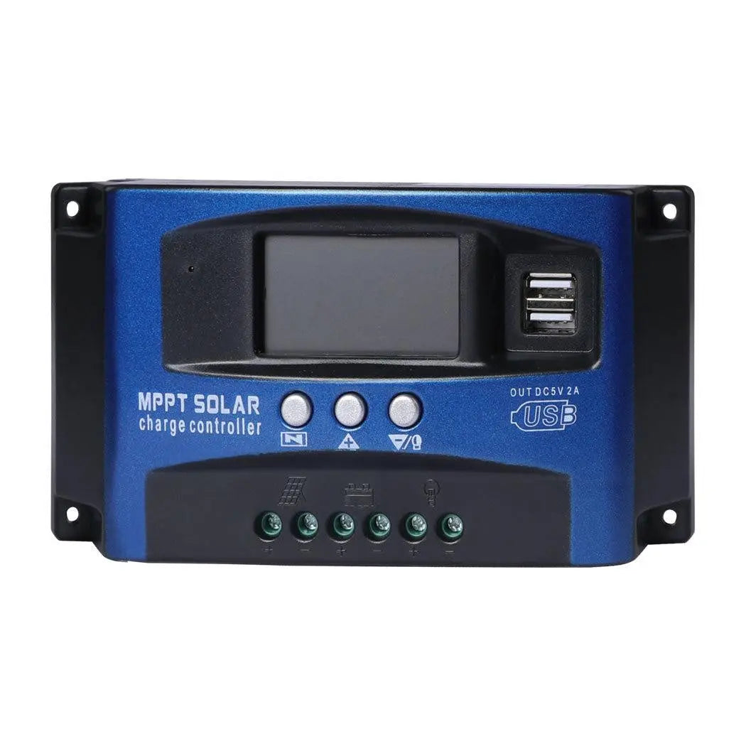 30A Solar Panel Charge Controller with dual USB ports and LCD display, designed for efficient solar energy management.