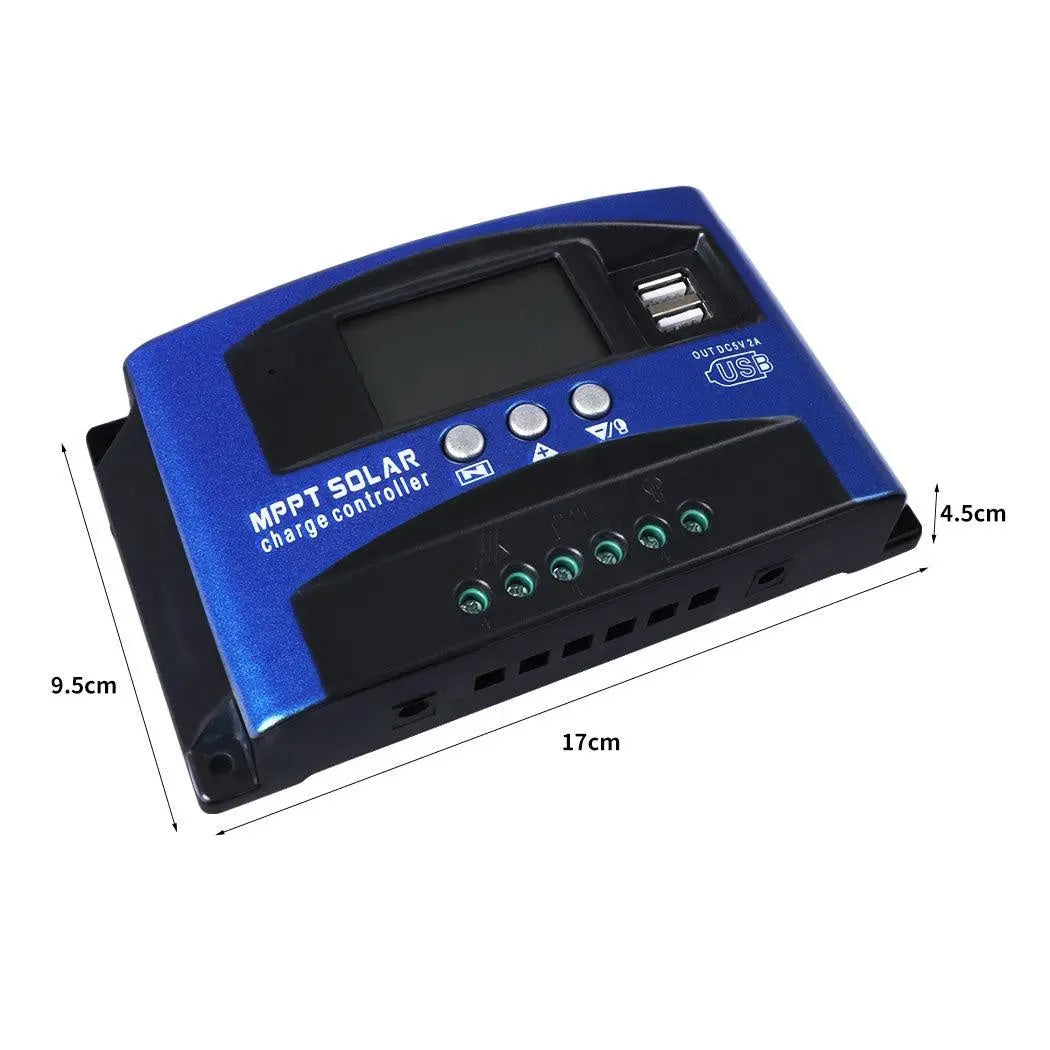 30A Solar Panel Charge Controller with dual USB ports and LCD display, designed for efficient solar energy management.