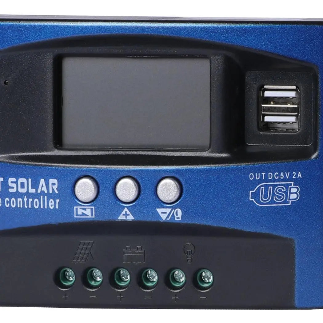 30A Solar Panel Charge Controller with dual USB ports and LCD display, designed for efficient solar energy management.