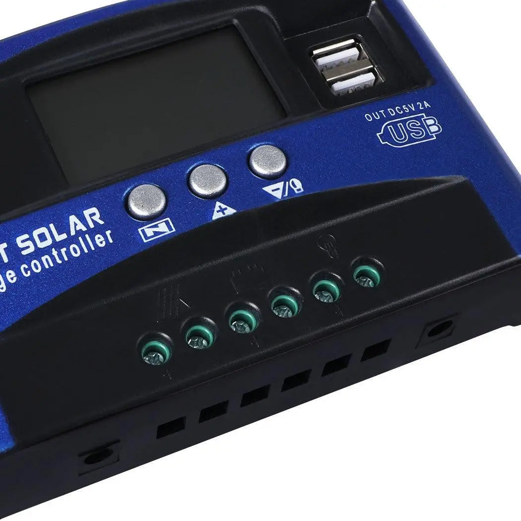 30A Solar Panel Charge Controller with dual USB ports and LCD display, designed for efficient solar energy management.