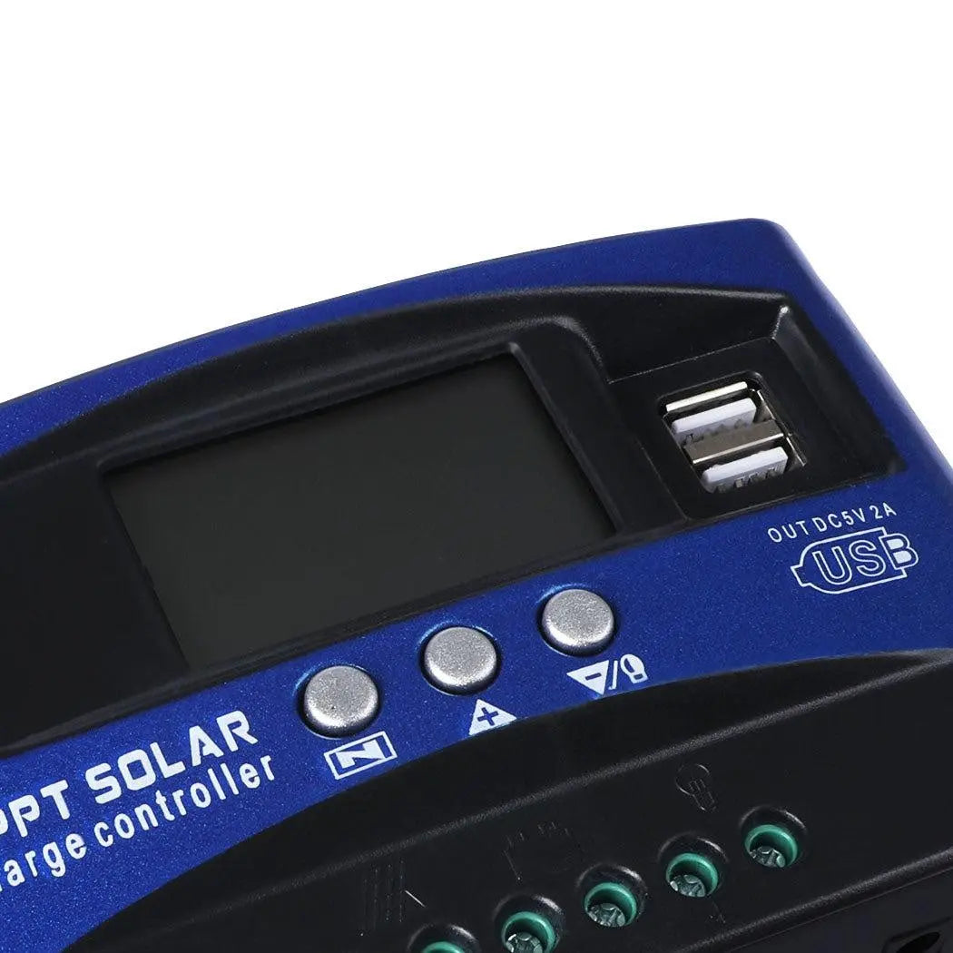 30A Solar Panel Charge Controller with dual USB ports and LCD display, designed for efficient solar energy management.