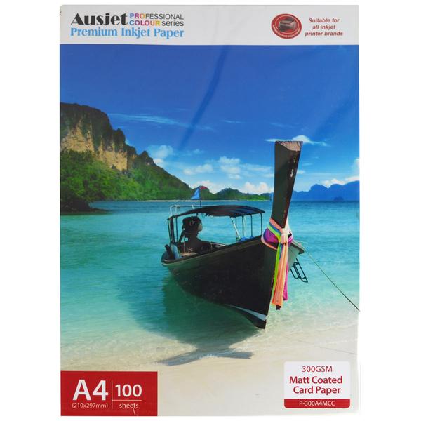 300gm A4 matt coated card paper pack with 100 sheets, ideal for printing greeting cards.