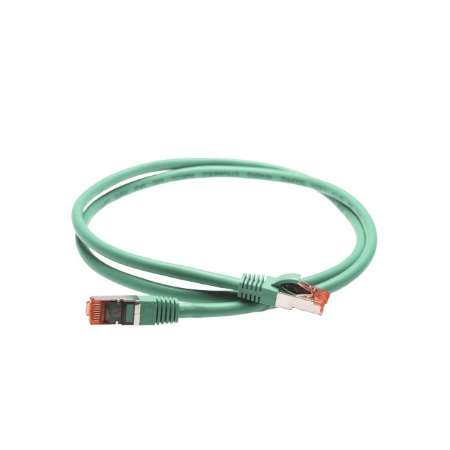 30m Cat 6A S/FTP LSZH Ethernet Network Cable in green, showcasing its robust connectors and low smoke zero halogen jacket.