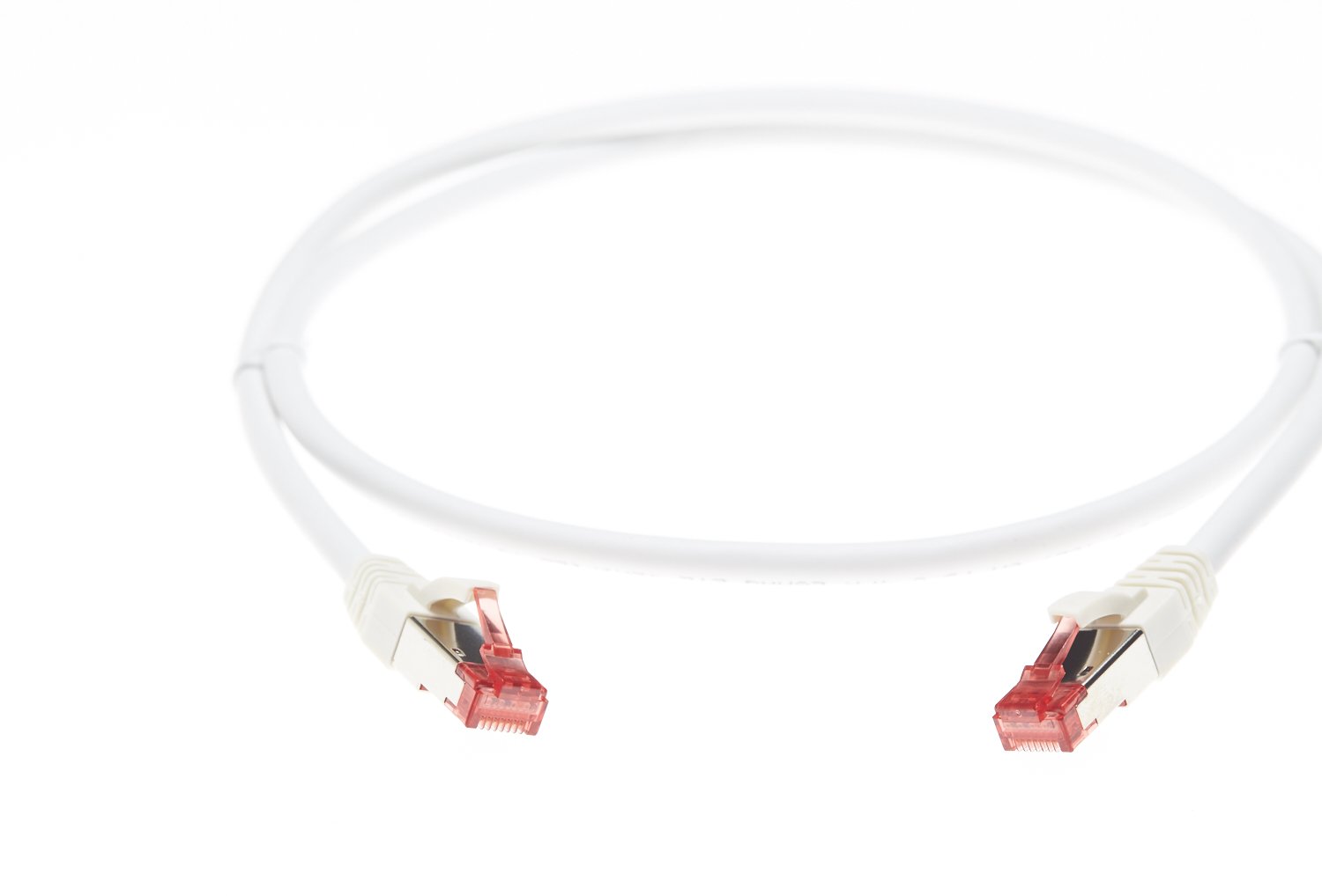 30m Cat 6A S/FTP LSZH Ethernet Network Cable in white, showcasing its connectors and durable design.