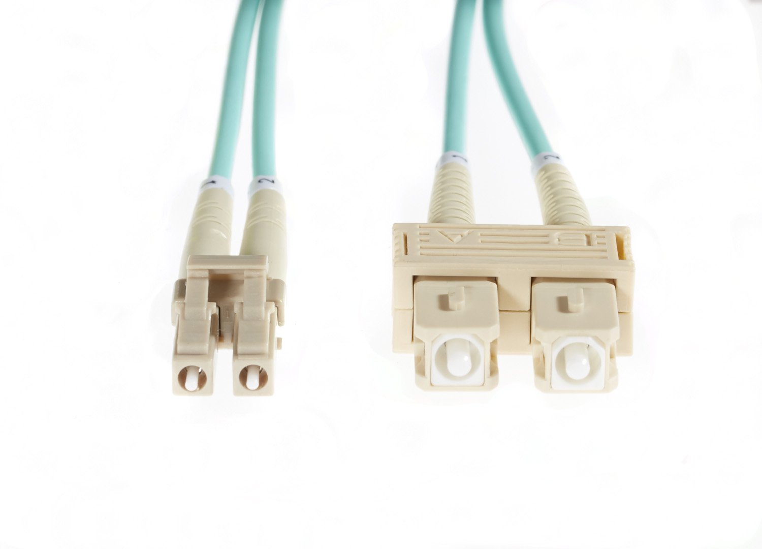 30m LC-SC OM4 Multimode Fibre Optic Cable in Aqua, featuring UPC connectors and LSZH material for high-speed data transmission.