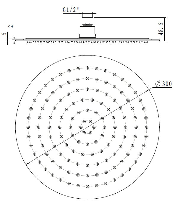 300mm Round 304SS Chrome Showerhead showcasing its sleek design and high gloss finish.