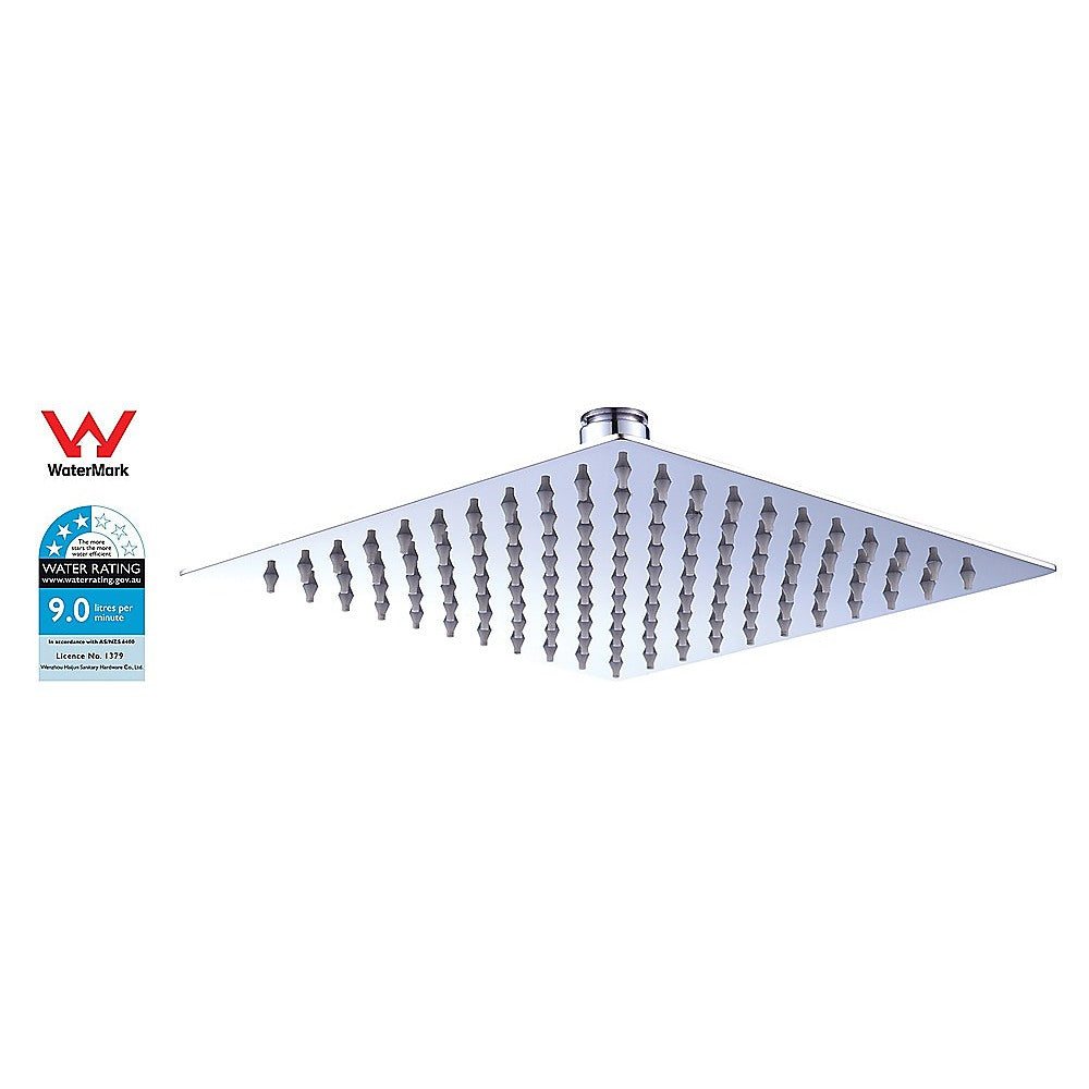 300mm square shower head made of 304 stainless steel with a polished chrome finish, designed for modern bathrooms.