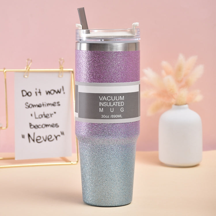 30oz Glitter Insulation Coffee Cup with stainless steel liner, showcasing its dual-use lid and flexible straw.