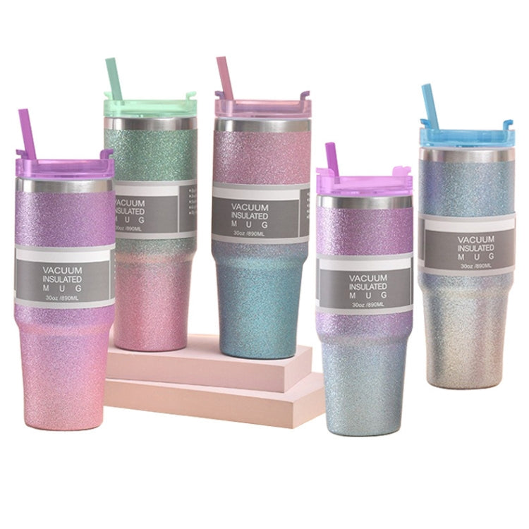 30oz Glitter Insulation Coffee Cup with stainless steel liner, showcasing its dual-use lid and flexible straw.