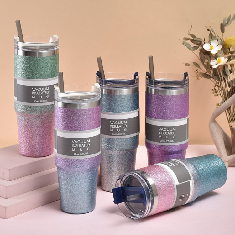 30oz Glitter Insulation Coffee Cup with stainless steel liner, showcasing its dual-use lid and flexible straw.