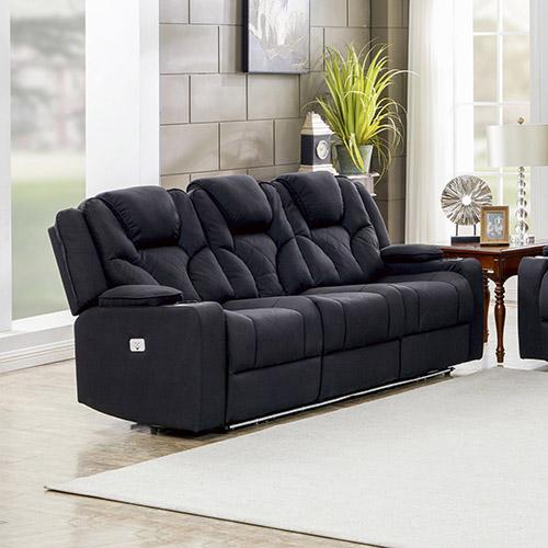 3+2 Seater Electric Recliner in stylish black rhino fabric, featuring plush cushions and an adjustable headrest, perfect for modern living rooms.