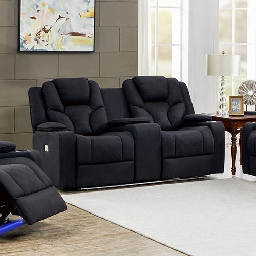 3+2 Seater Electric Recliner in stylish black rhino fabric, featuring plush cushions and an adjustable headrest, perfect for modern living rooms.