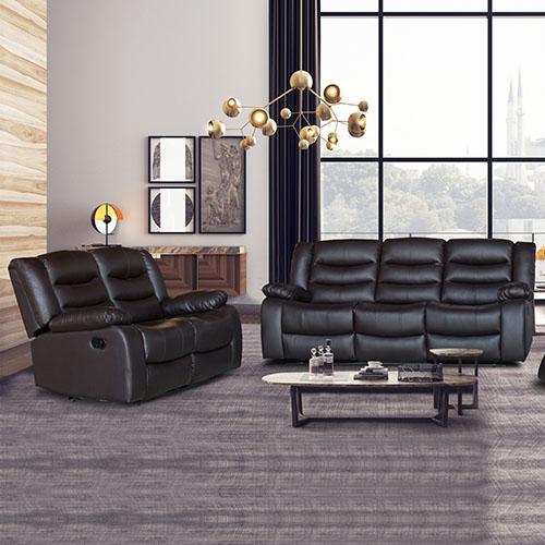 3+2 Seater Recliner Sofa in Faux Leather, Brown color, showcasing plush cushions and wide armrests, perfect for a cozy lounge setting.