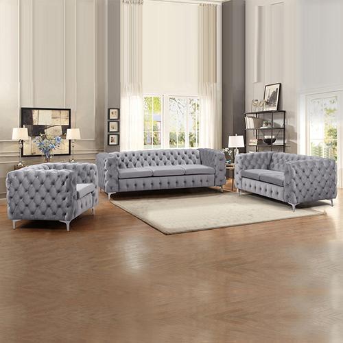 3+2+1 Seater Sofa in Grey Velvet with classic button tufting and metal legs, showcasing a stylish and modern design.