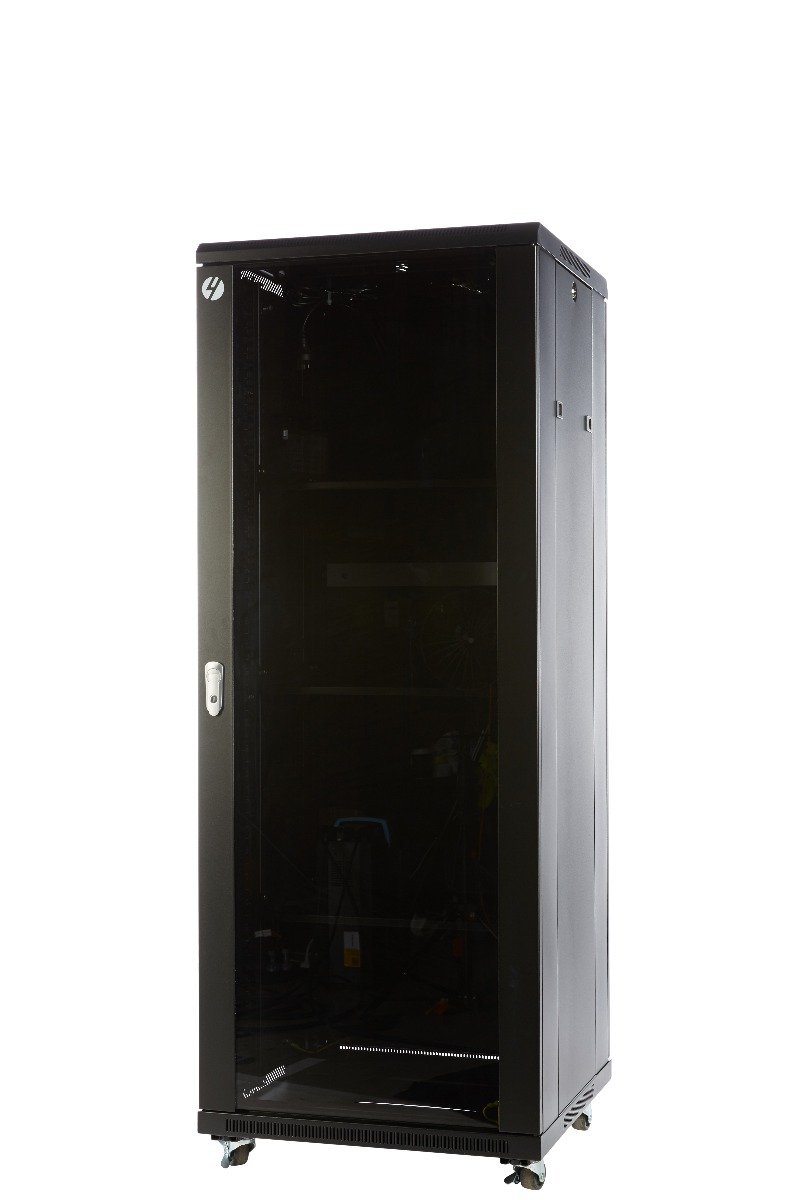 32RU 600mm Wide x 600mm Deep Server Rack with lockable glass door and removable side panels, showcasing its robust steel construction.