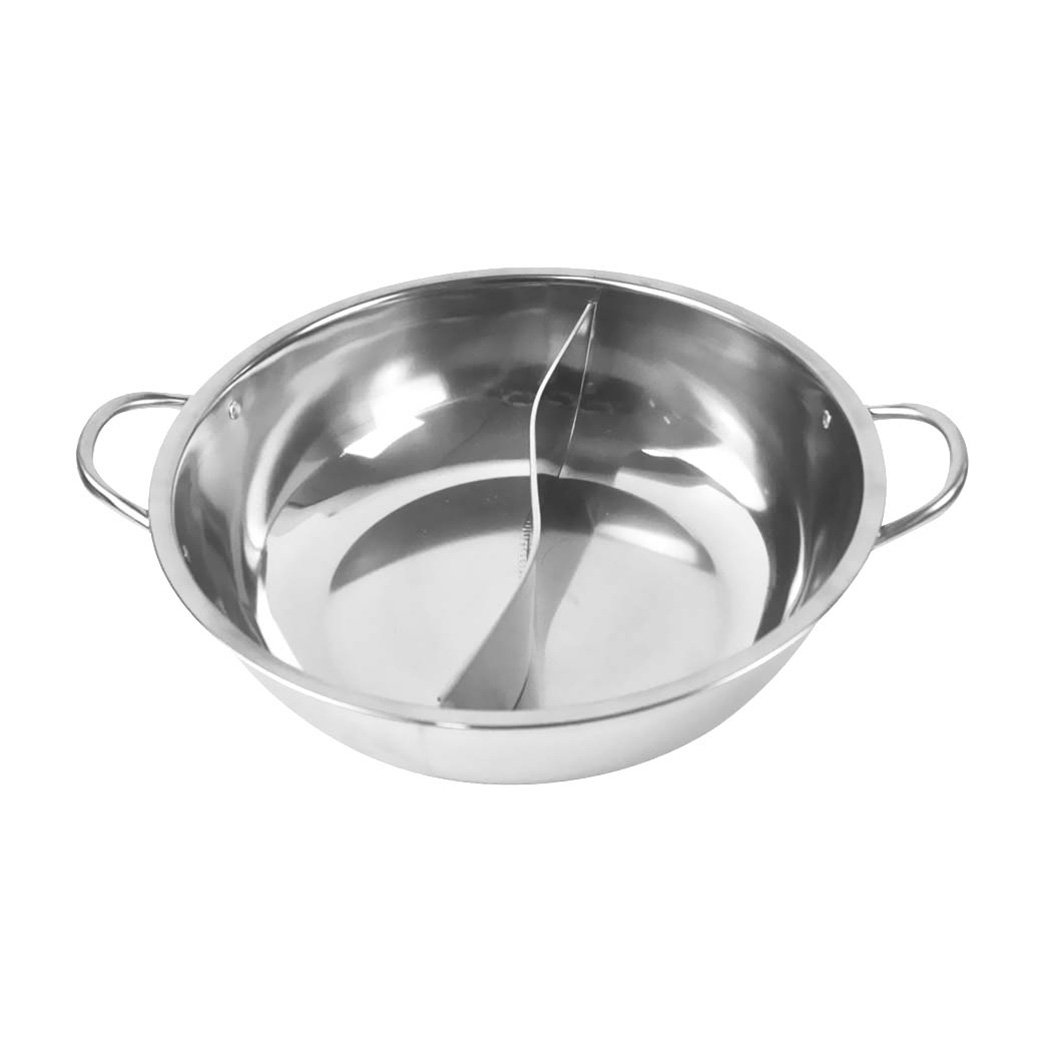 34cm Stainless Steel Twin Mandarin Duck Hot Pot with S-type separator, showcasing dual-sided cooking for diverse flavors.