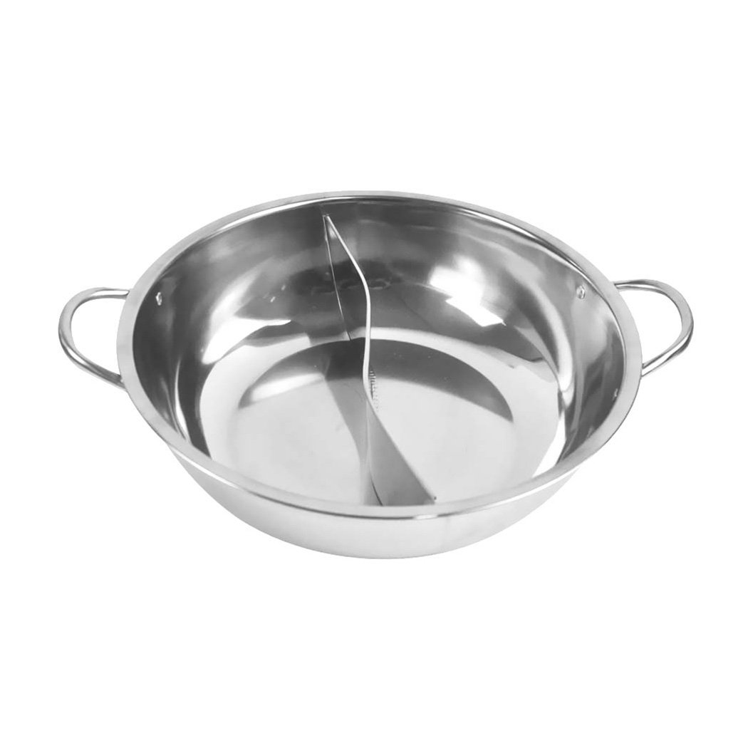 34cm Stainless Steel Twin Mandarin Duck Hot Pot with S-type separator, showcasing dual-sided cooking for diverse flavors.