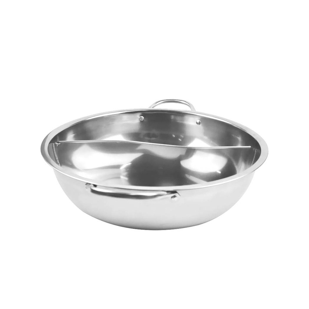 34cm Stainless Steel Twin Mandarin Duck Hot Pot with S-type separator, showcasing dual-sided cooking for diverse flavors.