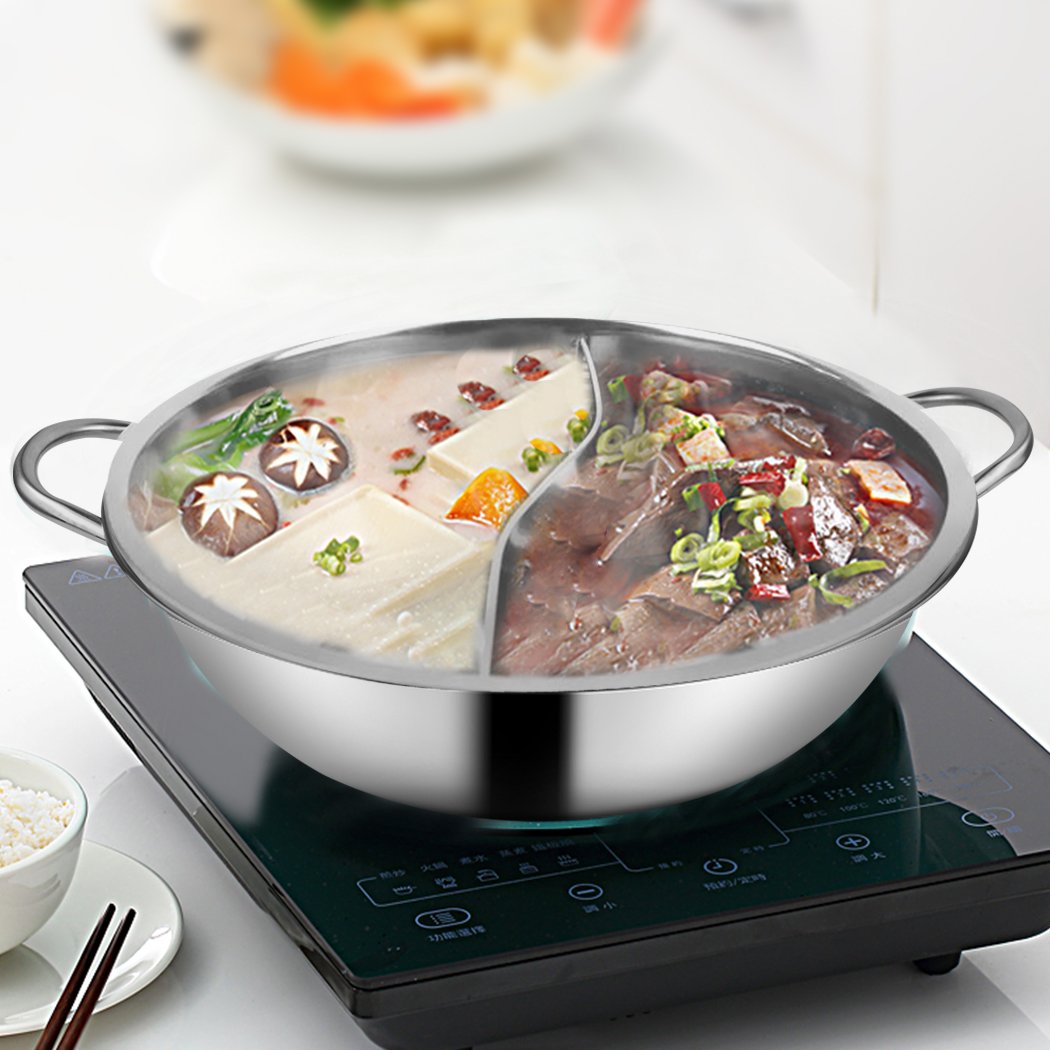 34cm Stainless Steel Twin Mandarin Duck Hot Pot with S-type separator, showcasing dual-sided cooking for diverse flavors.