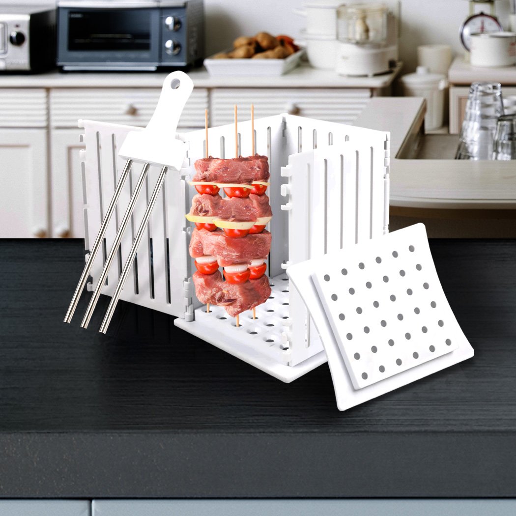 36 Hole Kebab Maker with skewers and fresh ingredients ready for grilling, showcasing its ergonomic design and multiple holes for efficient kebab preparation.