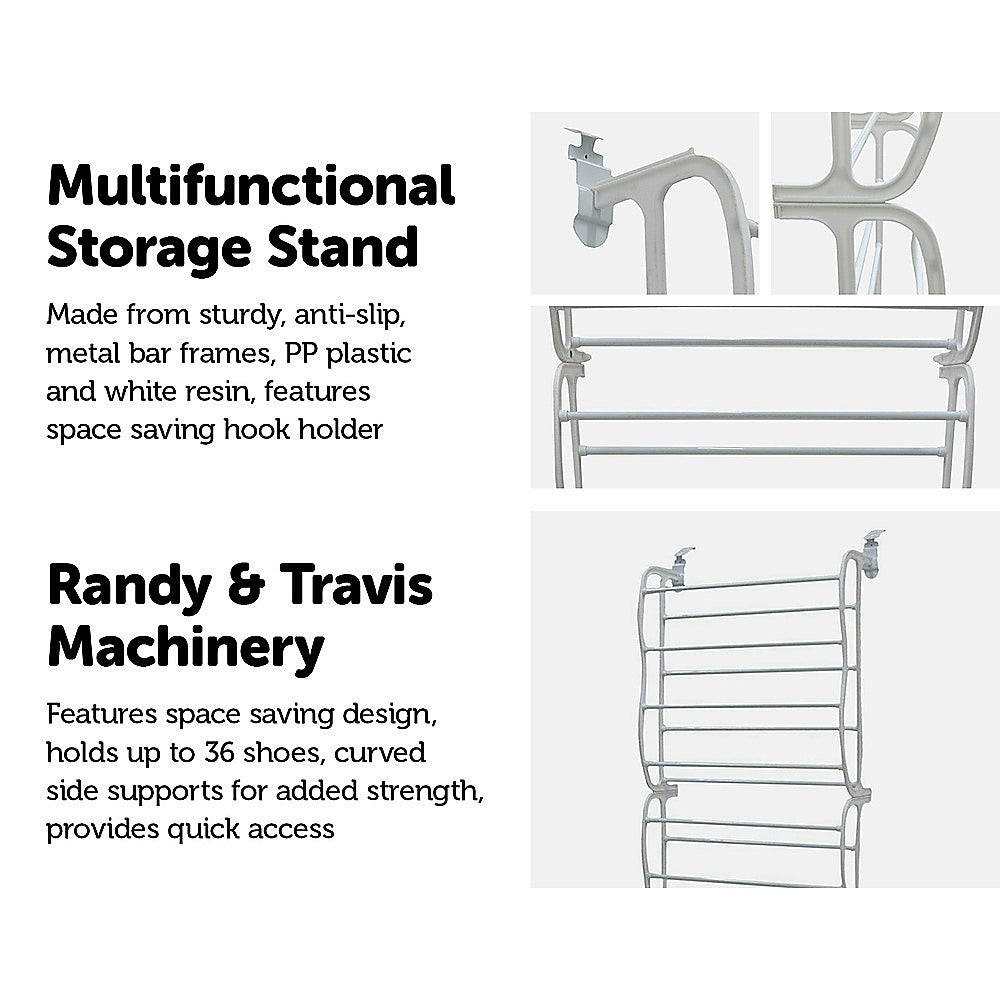 36 Pair Shoe Holder Organiser Over The Door Hanging Shelf Rack Storage with shoes arranged neatly in segments.