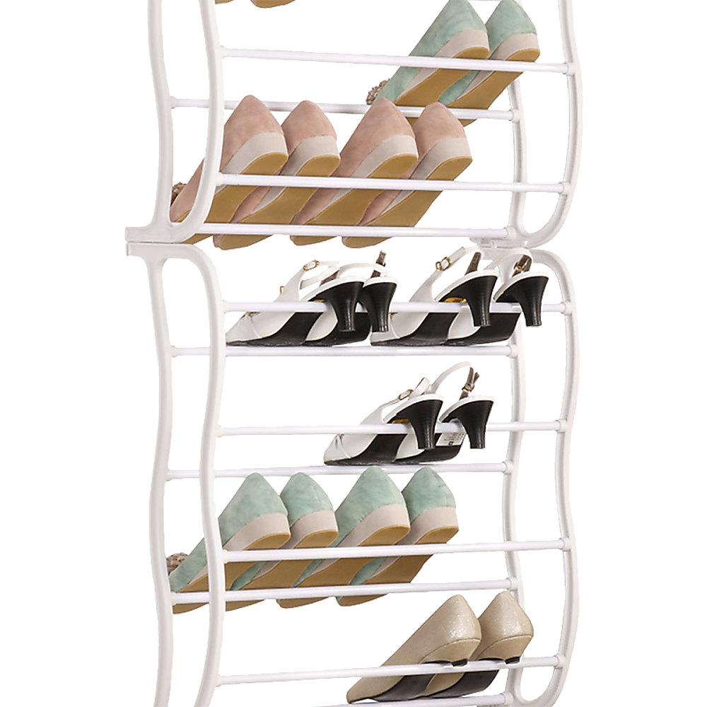 36 Pair Shoe Holder Organiser Over The Door Hanging Shelf Rack Storage with shoes arranged neatly in segments.