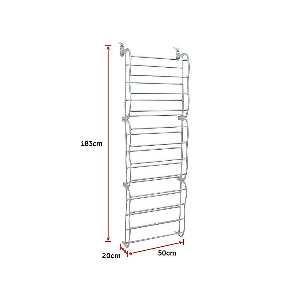 36 Pair Shoe Holder Organiser Over The Door Hanging Shelf Rack Storage with shoes arranged neatly in segments.