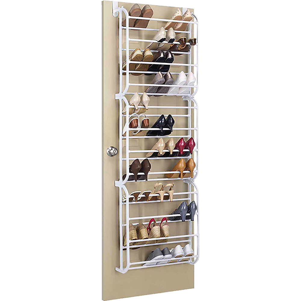 36 Pair Shoe Holder Organiser Over The Door Hanging Shelf Rack Storage with shoes arranged neatly in segments.