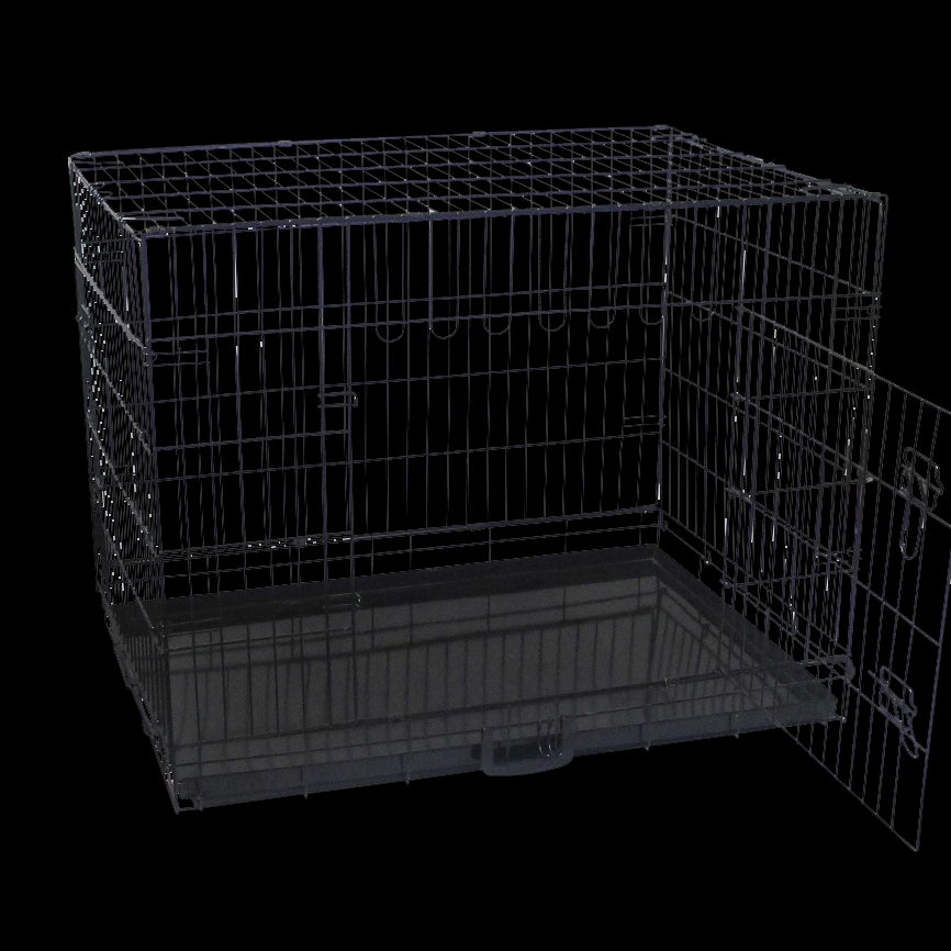 36-inch pet dog crate with waterproof cover, featuring two doors and a removable tray for easy cleaning.