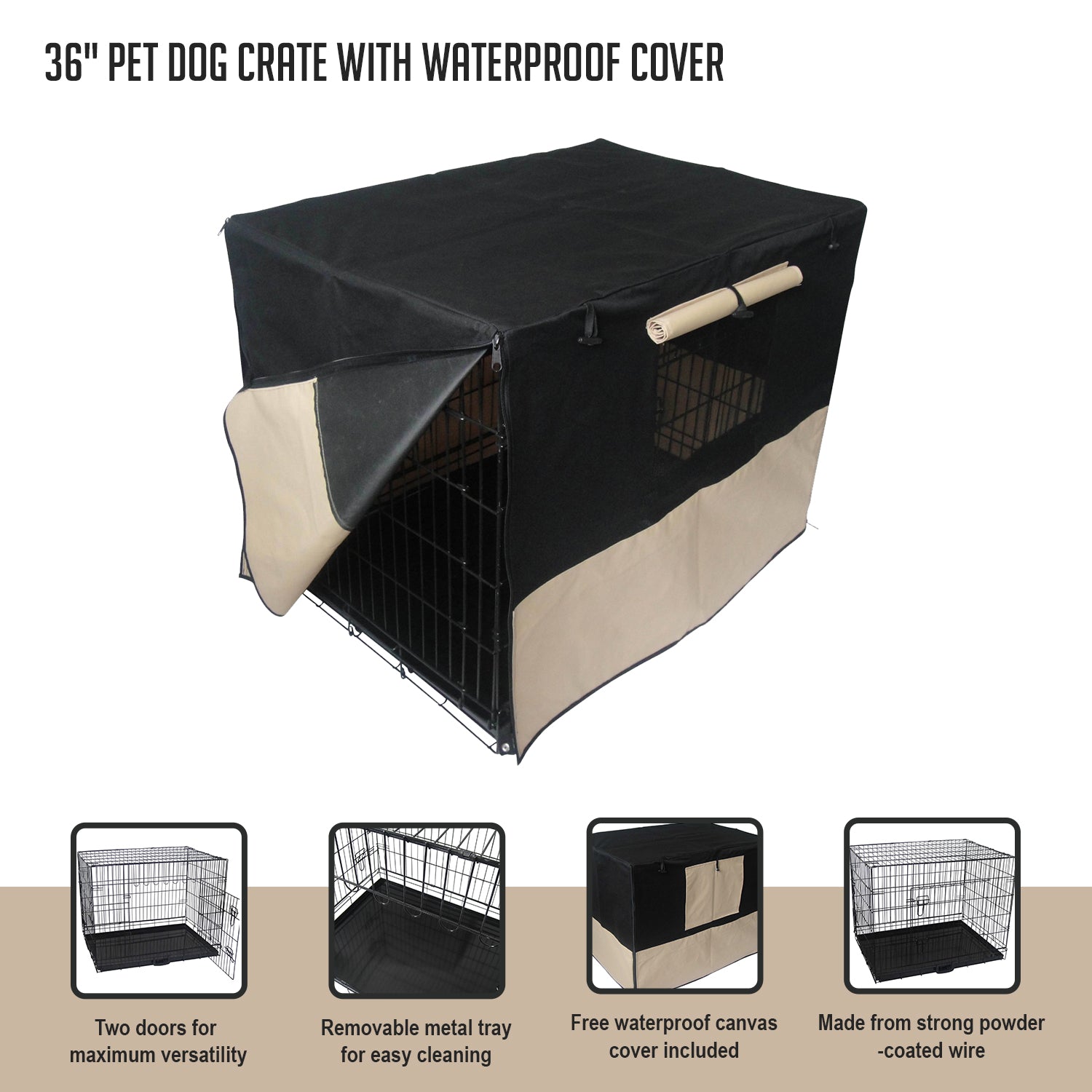 36-inch pet dog crate with waterproof cover, featuring two doors and a removable tray for easy cleaning.