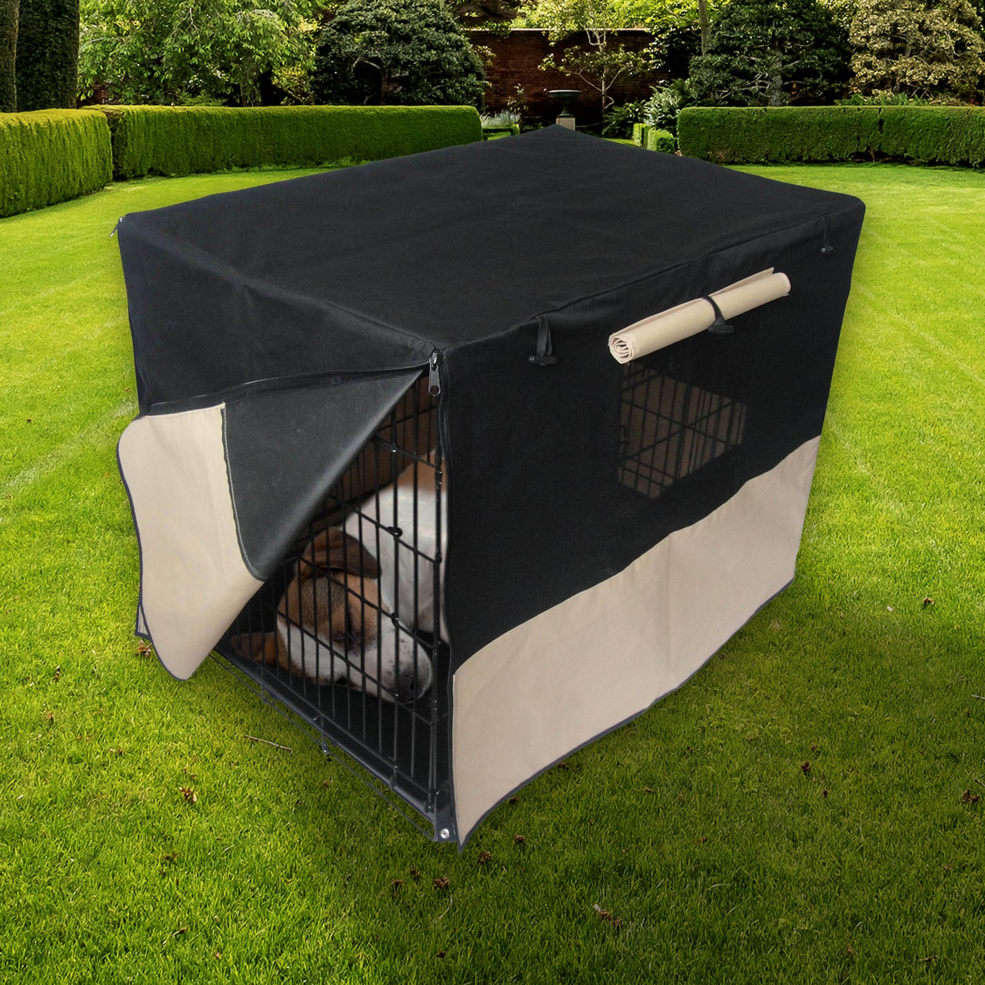 36-inch pet dog crate with waterproof cover, featuring two doors and a removable tray for easy cleaning.