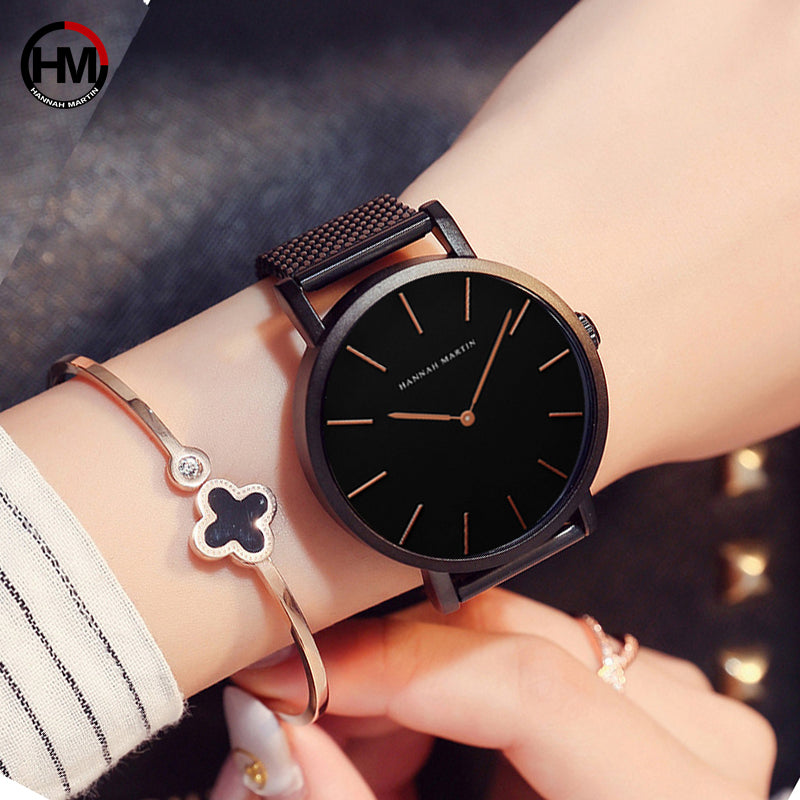 36mm Full Black Japan Quartz Movement luxury women's wristwatch with stainless steel band and round case.