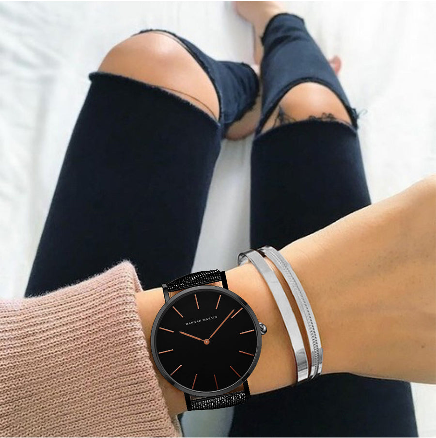 36mm Full Black Japan Quartz Movement luxury women's wristwatch with stainless steel band and round case.