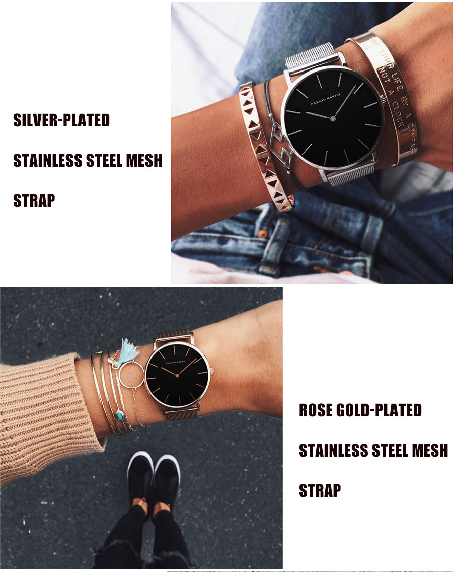 36mm Full Black Japan Quartz Movement luxury women's wristwatch with stainless steel band and round case.