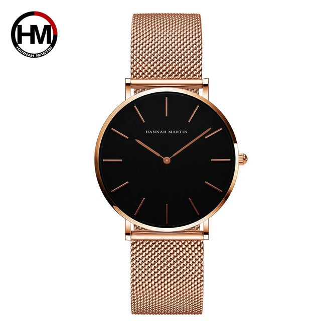 36mm Full Black Japan Quartz Movement luxury women's wristwatch with stainless steel band and round case.