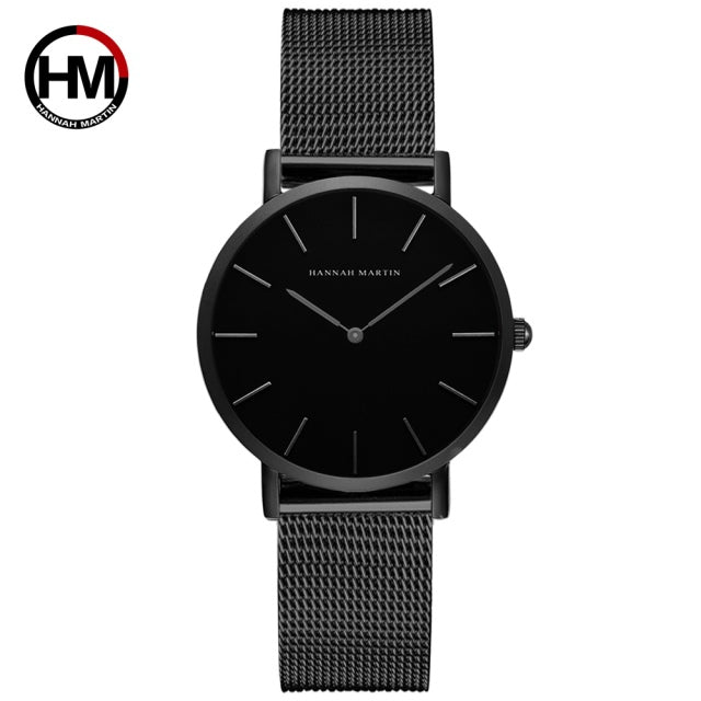 36mm Full Black Japan Quartz Movement luxury women's wristwatch with stainless steel band and round case.