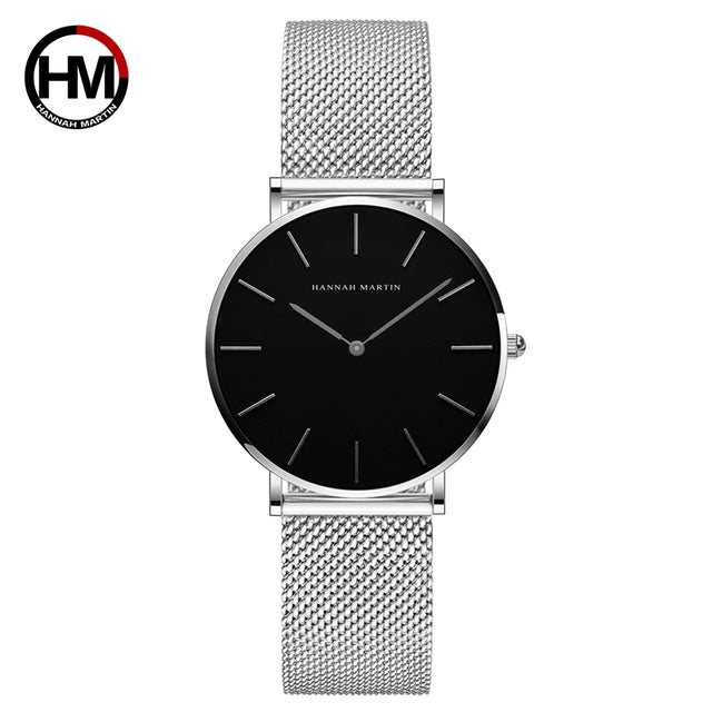 36mm Full Black Japan Quartz Movement luxury women's wristwatch with stainless steel band and round case.