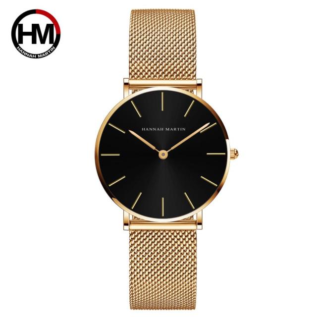 36mm Full Black Japan Quartz Movement luxury women's wristwatch with stainless steel band and round case.