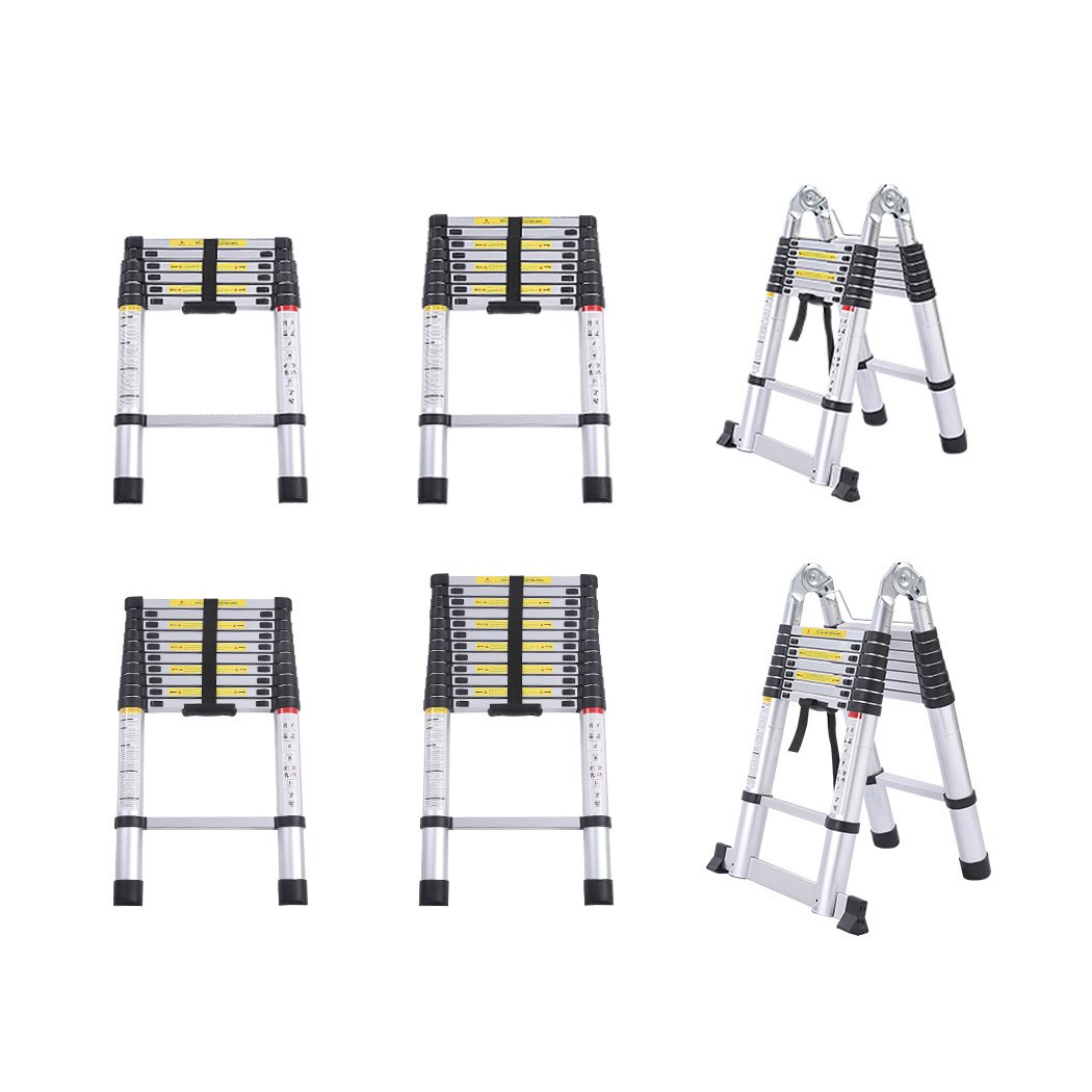 3.8M Telescopic Aluminium Multipurpose Ladder with anti-skid footboard and rubber-tipped feet, showcasing its lightweight and durable design.