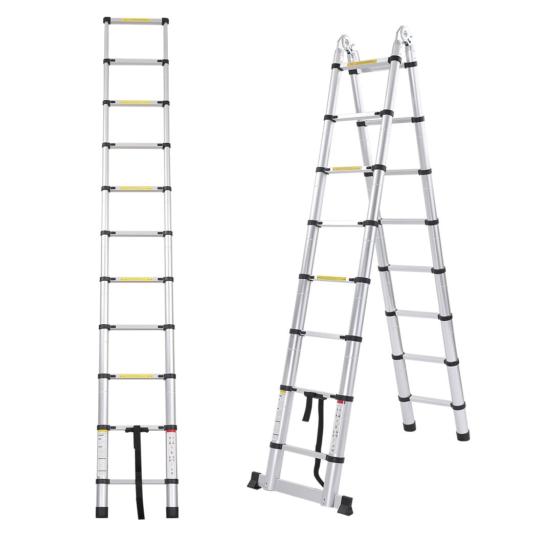 3.8M Telescopic Aluminium Multipurpose Ladder with anti-skid footboard and rubber-tipped feet, showcasing its lightweight and durable design.