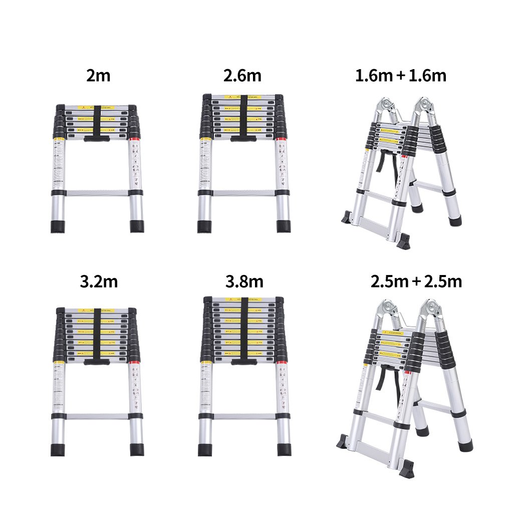 3.8M Telescopic Aluminium Multipurpose Ladder with anti-skid footboard and rubber-tipped feet, showcasing its lightweight and durable design.