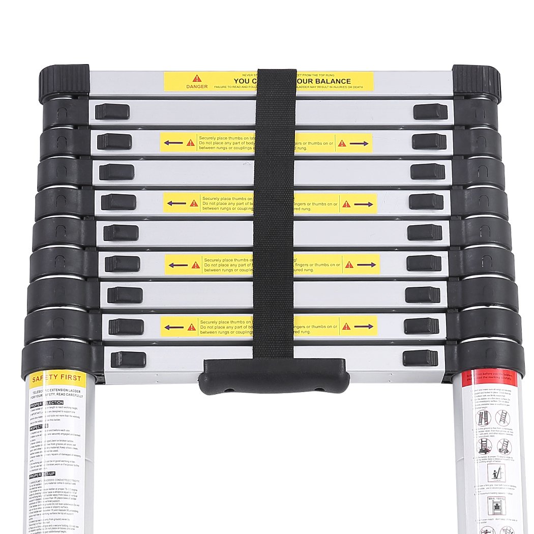 3.8M Telescopic Aluminium Multipurpose Ladder with anti-skid footboard and rubber-tipped feet, showcasing its lightweight and durable design.