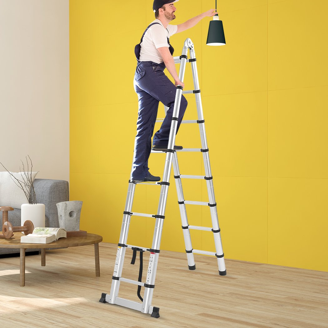 3.8M Telescopic Aluminium Multipurpose Ladder with anti-skid footboard and rubber-tipped feet, showcasing its lightweight and durable design.