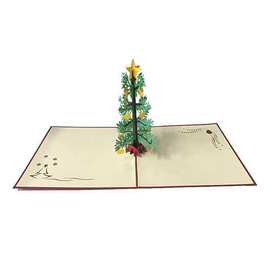 A vibrant 3D pop-up Christmas tree greeting card featuring colorful ornaments and a star, packaged with a red envelope.