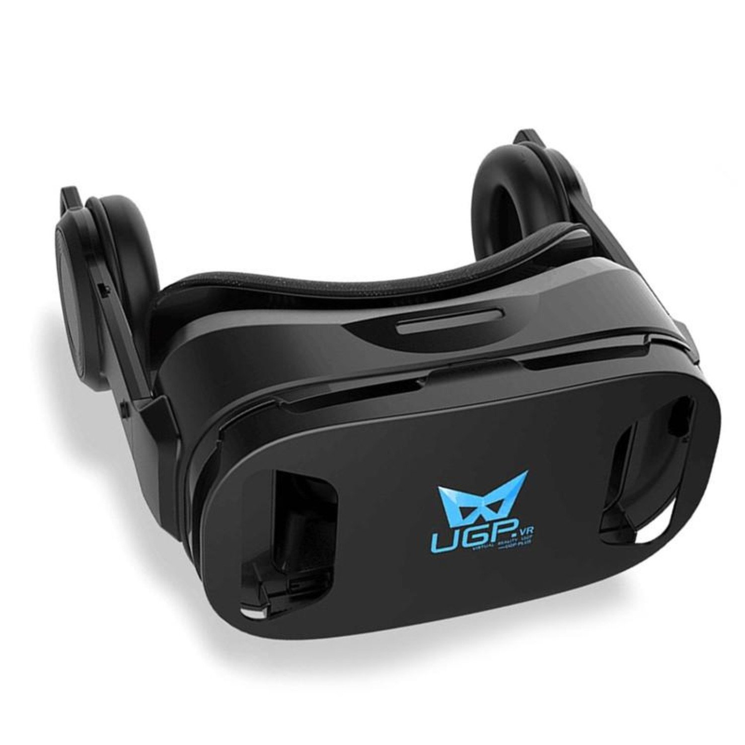 3D VR Headset with built-in stereo headphones, featuring adjustable straps and soft nose piece for comfort.