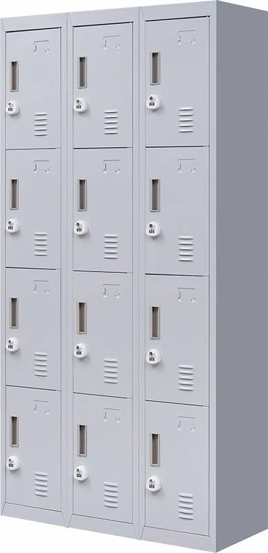 Light grey 12 door locker with 3-digit combination lock, featuring multiple compartments for secure storage in office or gym settings.